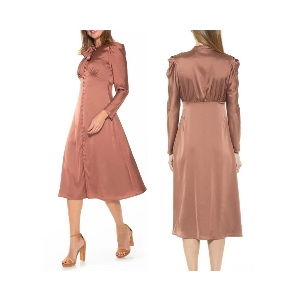 Alexia Admor Vicki Satin Midi‎ Dress Sz 4 Bow Tie Puff Sleeve Mock Neck Cocktail